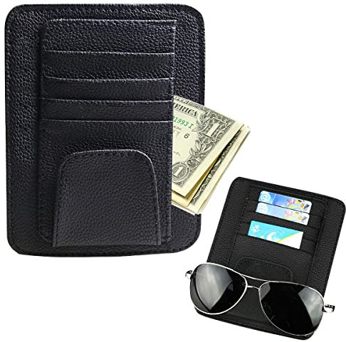 ZoneYan Auto Brillenhalter, Brillenhalter für Auto Sonnenblende Universal, Auto Sun Visor Organizer, Auto Sonnenblende Tasche, Ticket Karten Clip Brillen Halterung PU Leder(Schwarz)
