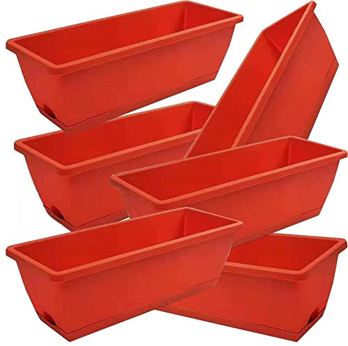 ZZDZW Blumenkasten Mit Untersetzer, 2/4/6 Stück, Balkonkasten, Pflanzkasten Aus Kunststoff Pflanztöpfe Set, Rechteckiger Blumentopf, Garten, Balkon, Terrasse (Color : rot, Size : 6 Stück)