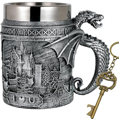 Alikiki Mittelalterliche Burg Drache Kaffeetasse – Dungeons and Dragons Geschenke für Männer 595 ml Edelstahl GOT Game Cup of Thrones Bierkrug Steins Bierkrug – Drachen-Motto-Party-Dekoration