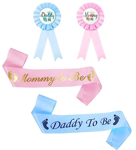 4 Stück Schärpe Mommy and Daddy to Be, Mommy to be Schärpe Rosa und Blaue Daddy to Be Schärpe und Anstecknadel Dekorationen für die Babyparty zur Geschlechtsoffenbarung