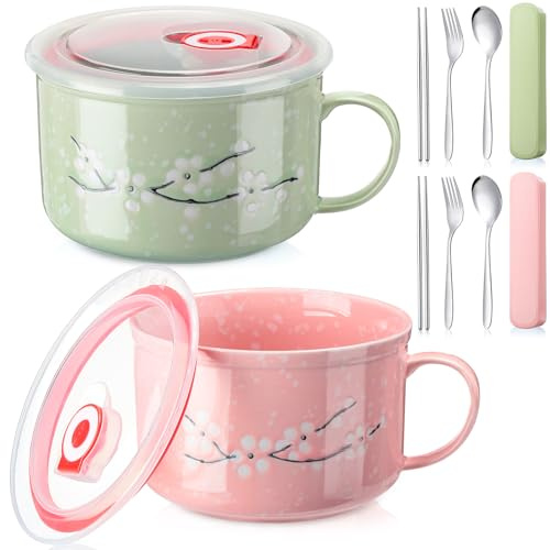 2 Pcs 30 oz Ceramic Soup Bowl with Lid and Handle Snow Flake Blossoms Cherry Pattern Microwave Soup Mug Instant Noodles Cup,2 Sets Stainless Utensils Fork Spoon Chopsticks with Case(Pink, Green)