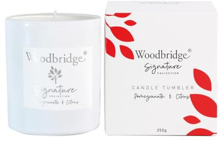 Woodbridge Duftkerze im Glas mit Deckel | Pomegranate & Citrus | Duftkerze Fruchtig | kleine Duftkerze | Brenndauer bis 50h | Weiße Kerzen (250g) | Signature Kollektion