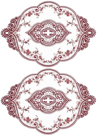 uxcell 2 Stück Retro Spitze Platzdeckchen 30,5 x 43,2 cm Oval bestickt Tischsets Französisch Häkeldeckchen Untersetzer Cup Mat für Zuhause Hochzeit Rot