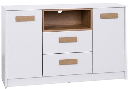 Design Möbel Gustavo Kommode Regal Einlegebode Heimbüro Büro Kommode Schlafzimmer Kommode Kinderzimmer Wohnzimmer PVC-Kanten Kommode Weiß Eiche Riviera 2 Türen 2 Schubladen 122,5x75,5x40 cm