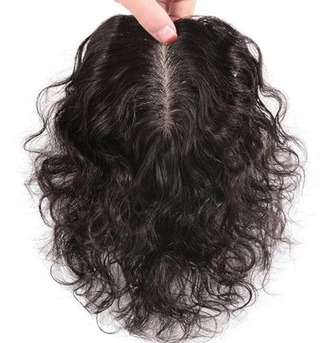 Echthaar-Topper für Frauen, 7 x 10 cm, gelockte Seidenbasis, Clip-in-Haarteile, gewelltes Haarteil für dünner werdendes Haar(Black)