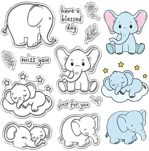 craspire Elefant Klare Stempel Blumen Worte Stern Tier Wiederverwendbare Hintergrund Poststempel Transparente Silikonstempel für Journaling Kartengestaltung Dekor DIY Scrapbooking Zubehör Filmrahmen