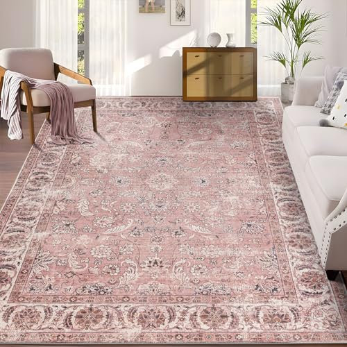 Taleta DAMAIA Grand tapis lavable style bohème vintage et doux à poils courts pour cuisine, chambre à coucher, salle à manger (rose, 190 x 280 cm)