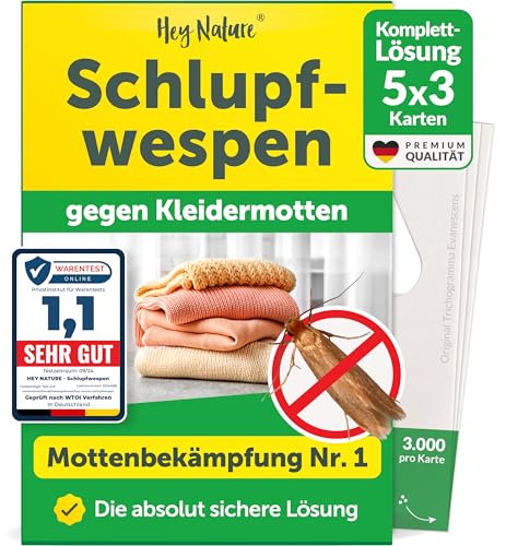 Hey Nature Schlupfwespen gegen Kleidermotten, 15 Karten (3 Karten à 5 Lieferungen). Natürlich & effektiv Kleidermotten bekämpfen mit Schlupfwespen gegen Motten. Alternativ zu Mottenkugeln, Mottenspray