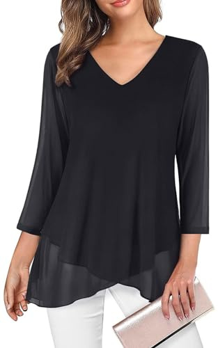 Adigaber Camicie da Donna di 3/4 Manica a Scollo a V Bluse | Taglio largo,Orlo asimmetrico,Doppio strato,Chiffon,Fluido,Leggero,Colore unito,Casual,Camicia da ufficio,Stampato