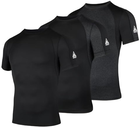 AMZSPORT Kompressionsshirt Herren Kurzarm Funktionsshirt Sportshirt Schnelltrocknend Laufshirt, 3er-Pack: Schwarz Schwarz Grau XL