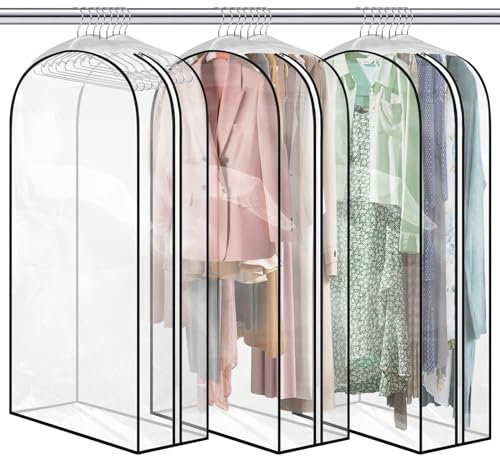 DIRXVMC Garment Bag Pack of 3 Garment Cover Transparent Suit Bag Breathable Clothes Cover with Zip 150 x 60 x 25 cm Protective Covers for for Suits Dresses Jackets Shirts (60)