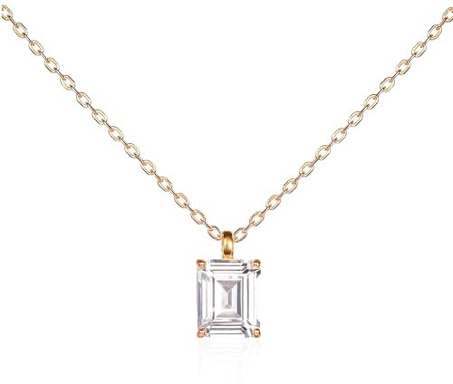 namana Goldene Kette mit Anhänger für Damen mit einem rechteckigen Solitärstein, zierliche Halsketten für Frauen aus 925er Sterling Silber, Goldkette mit einem Zirconia-Stein im Smaragdschliff