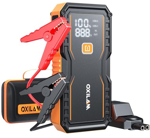 OXILAM - 6000A Jump Starter for All Gases / 12L, Portable Car Battery Charger, UltraSafe 12V Lithium Jump Box with Jumper Cable, LED Display, LED Light,