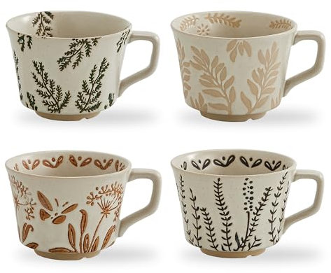 Swuut 350ml Vintage Ceramic Coffee Mug Set of 4 - Handmade Rustic Pottery Countryside Coffee Mugs with Handle for Latte,Milk,Hot Cocoa,Tea Cups, Dishwasher & Microwave Safe (Plants)
