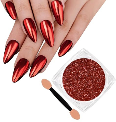 SIUSIO Chrome Nagelpulver, Metallische Spiegel Effekt Chrome Pulver Holographische Schimmer Glitter Staub Maniküre Dekoration Nail Art Pigment für DIY Gel Polish, Harz Handwerk, Salon, Geschenke - Rot