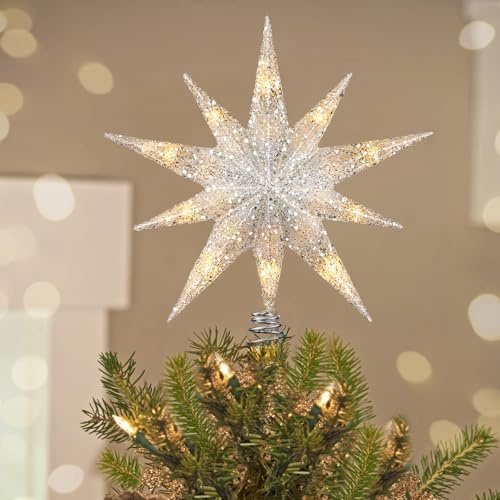 Luxspire Punta per Albero di Natale, Stella Luminosa con Collegamento USB e Telecomando, Decorazione Natalizia in Metallo LED da 9,8, Ornamento Vintage Moderno per Albero di Natale, Argento