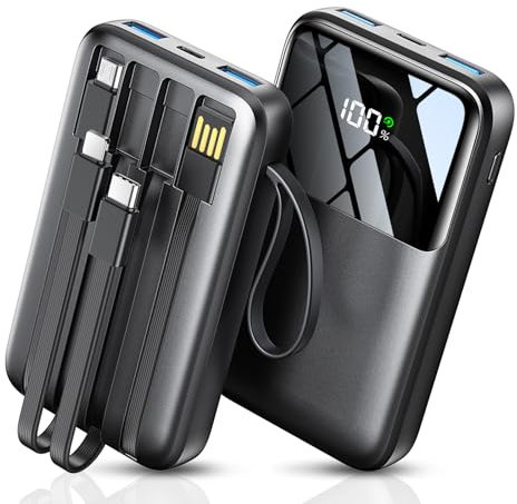 Portable Charger with Built in Cable, 15000mAh Power Bank, 22.5W Fast Charging, 6 Outputs, Slim Travel Essential Battery Pack with LED Display, Compatible with iPhone 16/15/14/13