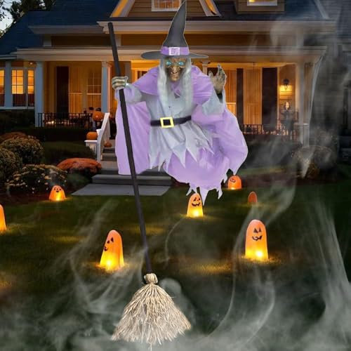 Fliegende Hexe, 1,8 m animierte schwebende Hexe, Animatronik, Fliegende Hexendekoration mit gruseligen Geräuschen und Lichtern, gruselige Requisiten, Hausdekoration für den Garten und Hof