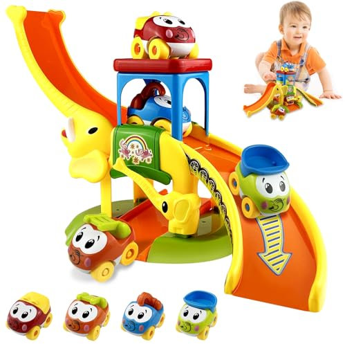 GZLCEU Piste de Course Voiture, Bebe Toy Car Race Track Eléphant Rampe de Course avec 4 Pièces Jouet Voiture Bebe pour 1 2 3 Ans Garçon Filles(3 Pistes)