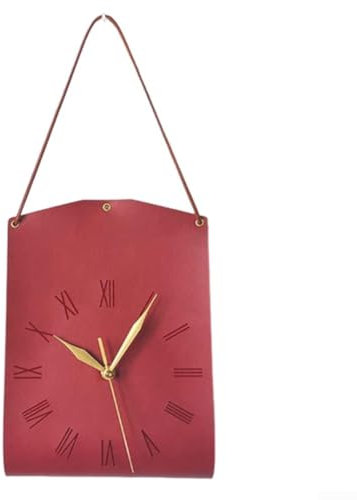 Silent Mechanism Leather Wall Clock Distinctive Retro Design for Any Room (Red)