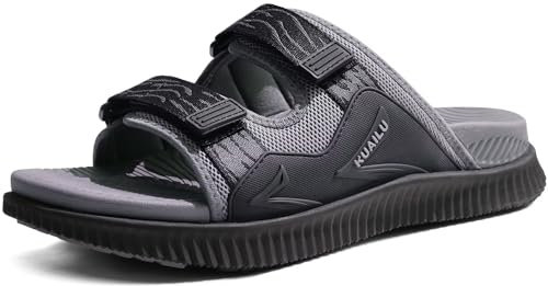 KuaiLu Mens Walking Slide Sandals Orthotic Athletic Thick Cushion Recovery Sport Sandles Adjustable Strap Open Toe Slip On Yoga Mat With Comfortable Plantar Fasciitis Arch Support Grey Size 10