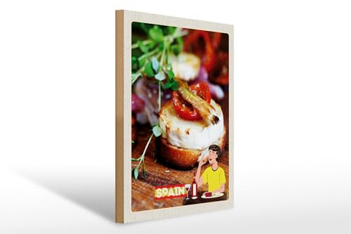 Femer Cartel de madera de viaje 30 x 40 cm España vino carne pescado platos
