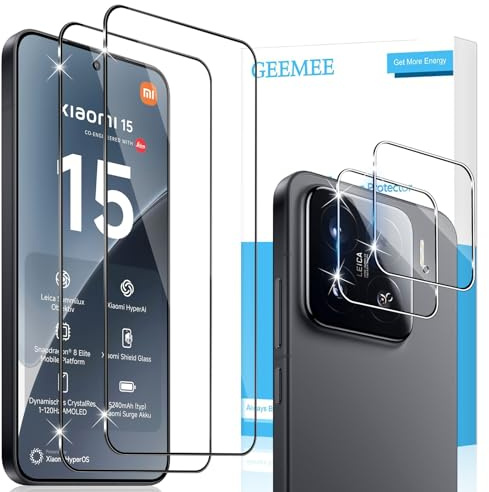 GEEMEE Protector de Pantalla para Xiaomi Mi 15 + Protector de Lente de cámara, 2 + 2 Piezas Vidrio Templado 9H Alta Definicion Cristal Templado Glass Screen Protector