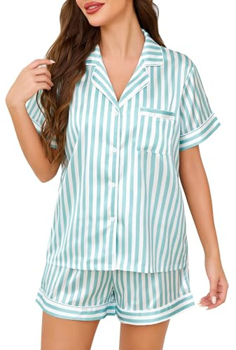 Lovasy Silk Pyjamas for Women Satin Pyjama Set Button Down Ladies Pajamas Classic Short Pjs Sets,Green Striped,S