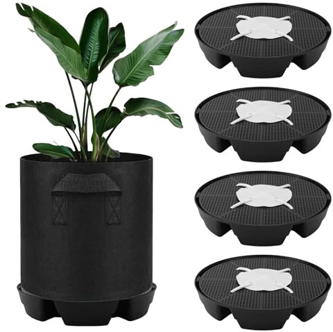 Gosknor 4pcs Auto Plant Watering Devices, Plastic Self-Watering Base for Fabric Pots with Drainage Holes Cotton & Rope Automatic Watering Plant Saucer Stand Indoor for Greenhouse Grow Tents Grow Bags