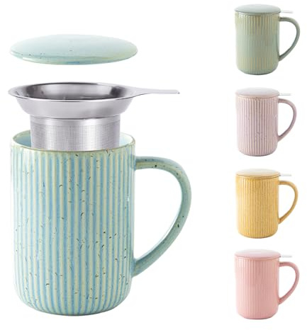 Yundu Tazas de Té de Cerámica Azul Flambe de 15.5oz/470ml con Infusor y Tapa, Taza de Té de Hojas Sueltas