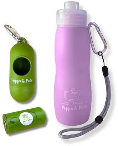 Peppo and Pets-Pack Completo-Incluye: Botella Pipi Perro silicona-400 ml-Válvula Anti Goteo-Chorro a presión+ DISPENSADOR DE CAÑA DE Bambu+15 Bolsas Caca Perro Mezcla ALMIDÓN DE MAIZ (Lila)