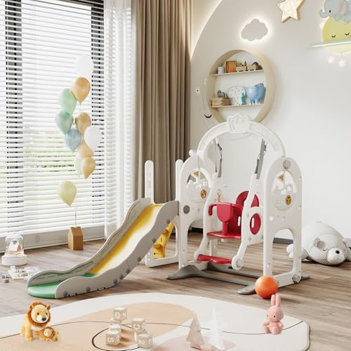 Rutsche und Schaukel für Kinder, 6-in-1, aus Kunststoff, mit Basketballkorb, Leiter, Teleskop, Aufbewahrung, Innenaktivitätszentrum für Babys