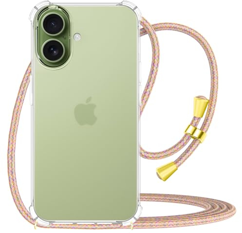 CAROKI Crossbody Case for iPhone 17 (6.1), Clear Shockproof Cover with Rainbow Lanyard Strap, Adjustable Neck Cord Necklace Phone Holder, Slim TPU Protective Cover - Rainbow Style