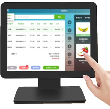QIeCny Touch-Registrierkasse (15 Zoll), POS-Kassenanzeige, Fernverwaltung + Vereinfachung Der Arbeit, Niedriger Energieverbrauch, HDMI/USB/VGA, Für Einzelhandel, Gastronomie, Hotellerie,Black