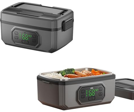 Elektrische Lunchbox mit Akku, 1,6L Größer Edelstahlbehälter, 24.000 mAh Akku mit 18W Schnellladung, tragbare Warmhaltebox mit Trennfach, Gabel & Löffel, Isoliertasche, Für Arbeit, Camping & Wohnmobil