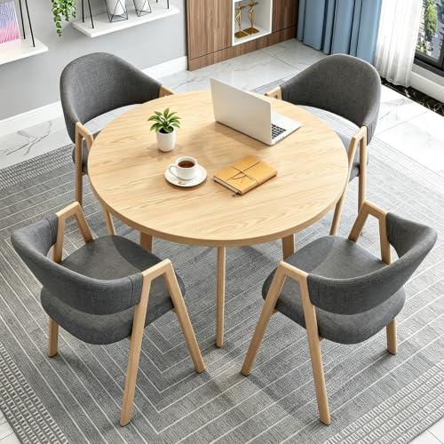 VTELGT Runder Esstisch mit 4 Stühlen, Essgruppe für 4 Personen 90CM | MDF-Tischplatte in Helle Holzoptik, 4 Esszimmerstühle, für Küche, Esszimmer, Wohnzimmer und Büro,