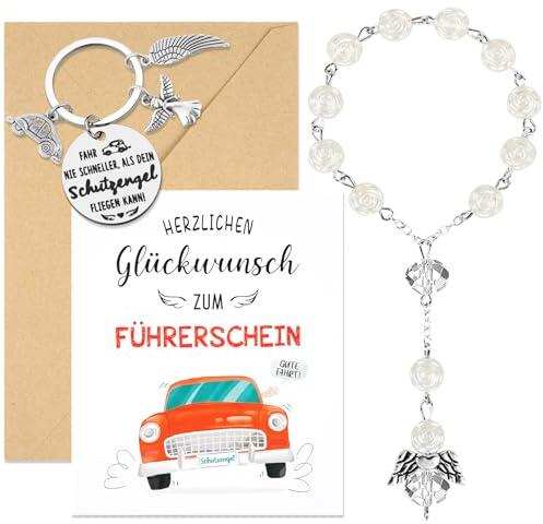4PCS Schutzengel Auto, Führerschein Bestanden Geschenk, Drive Safe Schlüsselanhänger, Autospiegel Schutzengel Anhänger Grußkarte mit Umschlag Fahr Vorsichtig Führerschein Geschenk für Frau Mann