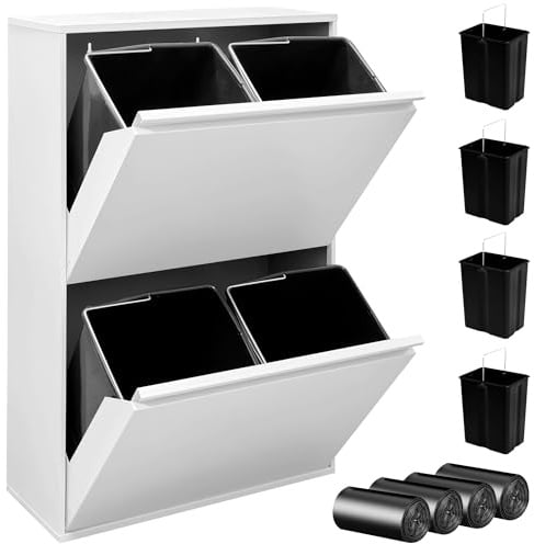 JUPPLIES Cubo de Basura Cocina Reciclaje de Acero con 4 Compartimentos | 4x17 (68L) | Mueble Contenedor de Reciclaje Metálico con 2 Cajones Abatibles para Casa u Oficina | 90,5x58,5x52cm