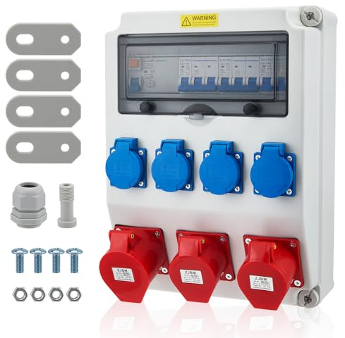 Eirolace Stromverteiler Vorverkabelt, 4X 230V + 2X CEE 16A + 1x CEE 32A, Baustromverteiler mit FI-Schalter 50A und LS Schalter, IP67 Wasserdicht Gehäuse für Innen und Außen