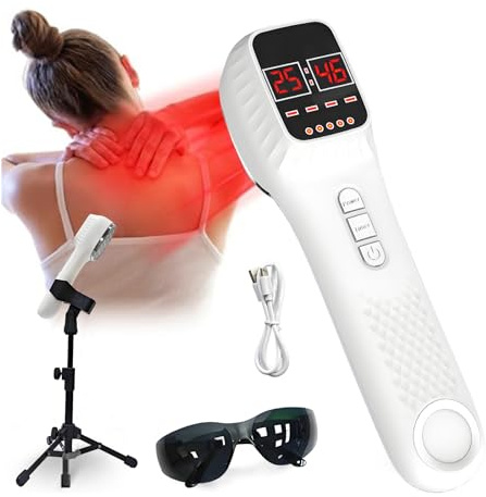Handgerät Kaltes Rotlicht Therapiegerät, 650nm + 808nm 4 Stufen Kaltlaser Rotlichtlampe mit Ständer und 12 Timer Stufen für Menschen Haustiere Linderung von Muskel- und Gelenkschmerzen