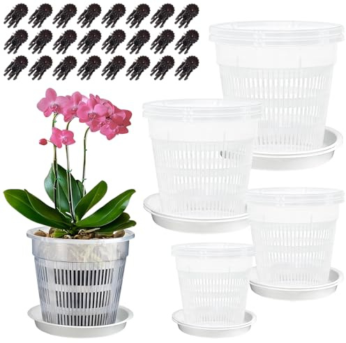 Richaa 8 Stück 11/14/16/19cm Orchideentöpfe Mit 24 Pflanzenclips & Ablauflöchern, Orchideentopf Transparent Pflanztöpfe, Orchideentopf Anzuchttöpfe Plastik,Untertopf Pflanzen für Orchideen Sukkulenten