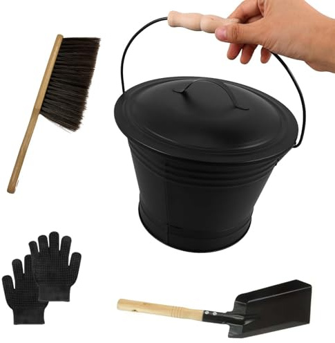 Juego de cubos de cenizas de hierro galvanizado de 1.3 galones que incluye guantes de cepillo de pala para chimeneas y mantenimiento de estufas, planchas de leña, herramienta de eliminación de cenizas