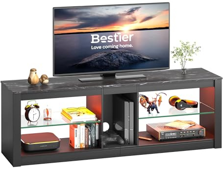 ZXLIHS Meuble TV 140 cm avec éère en Verre, éclairage LED RVB pour téléviseurs 55/65, unité de Divertissement TV avec lumières ambiantes (marbre Noir, marbre Noir)