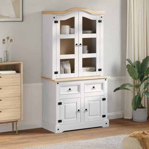 Corona Sideboard White Solid Pine 100 x 48.5 x 179 cm with 2 Drawers and 4 Doors, Versatile Storage Space for Living Room, Kitchen and Dining Room
