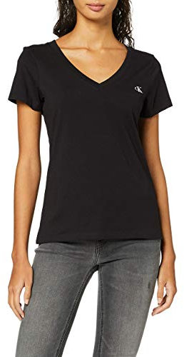 Calvin Klein Camiseta de Manga Corta Mujer CK Embroidery con Cuello de Pico, Negro (CK Black), S