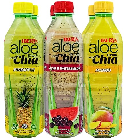Iberia Aloe Vera Drink with Aloe Pulp and Chia Seeds 16.9 Ounce (Pack of 6) 2 X Watermelon & Acai, 2 x Mango, 2 x Pineapple