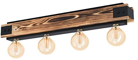 EGLO Deckenlampe Layham, 4 flammige Deckenleuchte Vintage, Industrial, Retro, Wohnzimmerlampe aus Stahl in Schwarz und Holz in Natur, Küchenlampe, Flurlampe Decke mit E27 Fassung