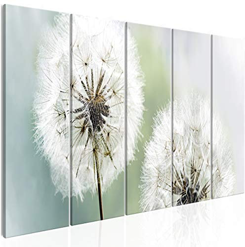 decomonkey Bilder Pusteblume 100x40 cm 5 Teilig Leinwandbilder Bild auf Leinwand Vlies Wandbild Kunstdruck Wanddeko Wand Wohnzimmer Wanddekoration Deko Blumen Weiß Grün Blau
