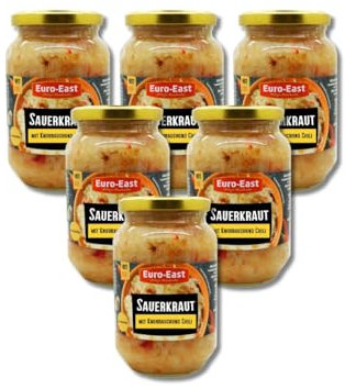 Euro-East Sauerkraut mit Knoblauch und Chili 6-pack im Glas x 460g | Vegan und Glutenfrei eingelegter Kohl | Fermentiertes Gemüse (6x460g)