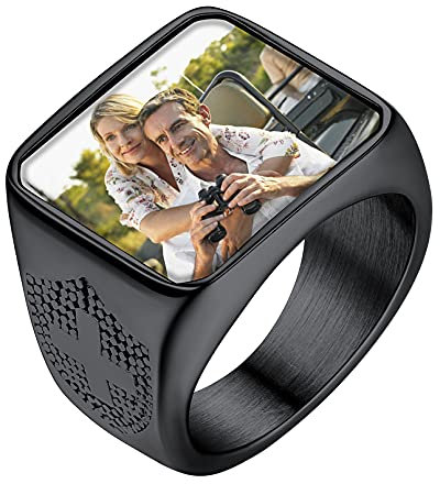 FaithHeart Schwarz Siegelring mit Kreuz Symbol Personalisierter Bandring Damen Herren Bild Fingerring mit Ihr Wunschgravur für Freundin Ehefrau